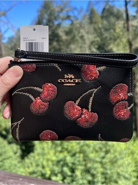 COACH Corner Zip Leather Wristlet With Sequin Cherry Print CDF05 NWT AUTHENTIC